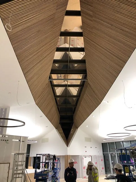 Akustisk trehimling i næringslokale.